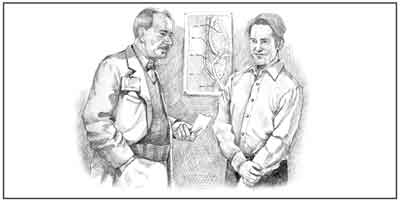Drawing of a male doctor and a male patient talking.