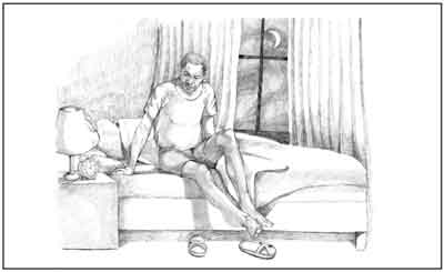 Drawing of an African American man getting out of bed due to nocturia.