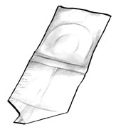 Drawing of a urine collection bag for infants. The bag has a circular adhesive strip that fits around the child’s genital area.