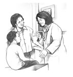 Drawing of an African American mother and son talking with a female doctor. The son is sitting on an examination table. The mother and doctor are standing in front of him.