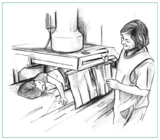 Drawing of a young girl lying on a table beneath x-ray equipment. A short curtain provides privacy for the girl. A female health care worker is talking with the girl.