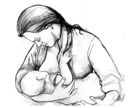 Drawing of a pregnant woman, holding and breastfeeding her baby. She is looking down at the baby.