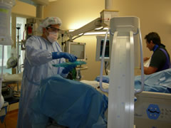 Dr. Cuttica, a Critical Care Fellow, prepares to perform a right heart catheterization.