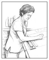 Line drawing of a middle-aged woman working at a drawing table. The woman looks uncomfortable.
