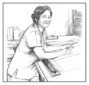 Line drawing of a smiling middle-aged woman working at a drawing table.