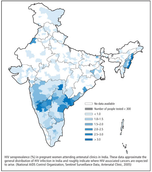 HIV seroprevalence (%) in pregnant women attending antenatal clinics in India.