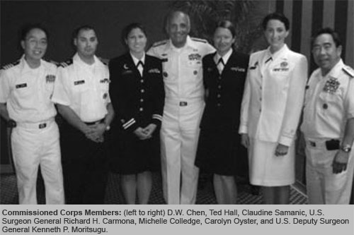 Commissioned Corps Members: (left to right) D.W. Chen, Ted Hall, Claudine Samanic, U.S. Surgeon General Richard H. Carmona, Michelle Colledge, Carolyn Oyster, and U.S. Deputy Surgeon General Kenneth P. Moritsugu.