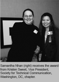 Samantha Nhan (right) receives the award from Kristen Sweet, Vice President, Society for Technical Communication, Washington, DC, chapter.