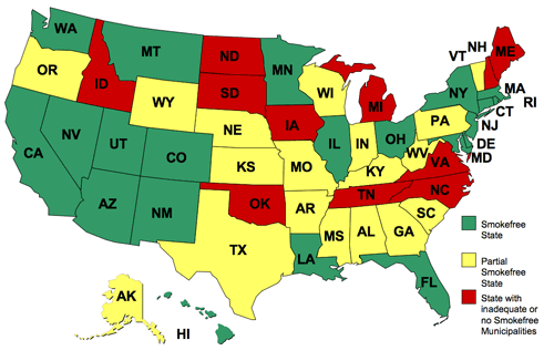 Map showing states status on smoke free environments