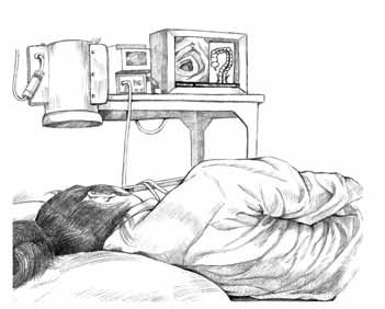 Drawing of a woman being tested for colon polyps. The woman is lying on her left side with her head on a pillow. In the background is a TV screen showing images of the colon.