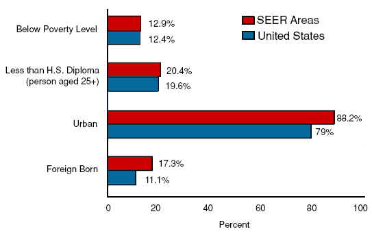 Bar graph comparing four characteristics of the SEER and total US populations.
