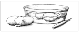 Una ilustración de papas en remojo en un recipiente con agua.