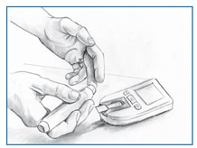 Drawing of a glucose meter and a person using a lancing device to obtain a blood sample from a fingertip for testing with the meter.