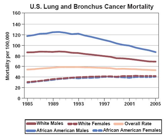 U.S. Lung and Bronchus Cancer mortality Graph Chart 1985-2005