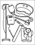 Various medical items are shown: thermometer, blood pressure cuff, syringe, tongue depressor, sthethoscope, emesis basin, reflex hammer, I.V.pole.