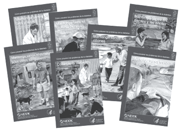 Los dibujos de las siete carátulas de los libritos de la serie: “Cómo prevenir los problemas de la diabetes”.