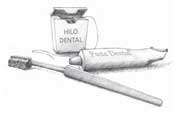 Ilustración de una caja de hilo dental, un tubo de pasta dental y un cepillo de dientes.
