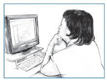 Drawing of a woman sitting at a desk and looking at a chart of glucose levels on a computer screen.