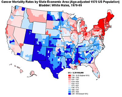 Map of bladder cancer mortality rates for white males, 1970-1999