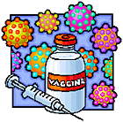 Illustrations of a vaccine bottle, hypodermic needle and viruses