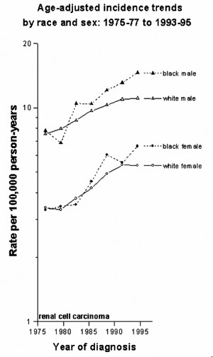 Line graph of age-adjusted kidney cancer incidence trends by race and sex, 1975-1977 and 1993-1995