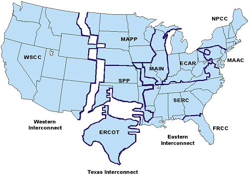 Map of the U.S. showing the main interconnections of the U.S. electric power grid and the ten North American Electric Reliability Council regions. Follow link to see larger version.