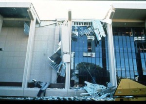 Earthquake damage to the rear side of the Oviatt Library.  Image from Susan Curzon's story.