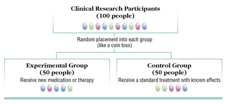 Randomization Graph 
showing Clinical Research Participants (100 people) 
divided into 2 sub categories, Experimental 
Group (50 people) and Control 
Group (50 people)