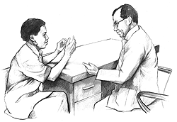 Ilustración de un doctor hablando con un paciente.