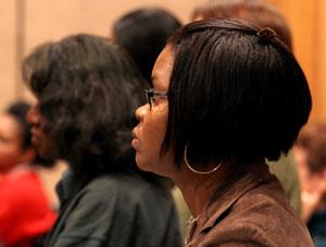 The speaker’s words engaged many in the audience, such as NIEHS Chief of Staff Ebony Bookman, Ph.D., shown here.