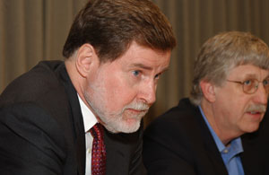Wilson, left, sat beside Collins during the press conference. He said of the collaboration, “The NTP’s expertise in toxicology and its large database of chemical effects in animals will play critical roles in evaluating the high throughput testing process.” 