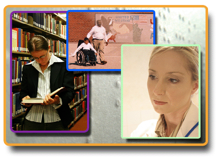 Three photos: woman reading a book, man pushing a boy in a wheelchair, woman in a lab coat