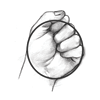 Ilustración de un puño cerrado, con la palma hacia el frente, y con un círculo alrededor de todo el puño para mostrar el equivalente de una porción de una taza.