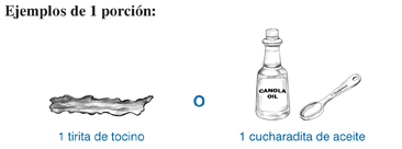 Ilustración de ejemplos de 1 porción: 1 tira de tocineta o 1 cucharadita de aceite.