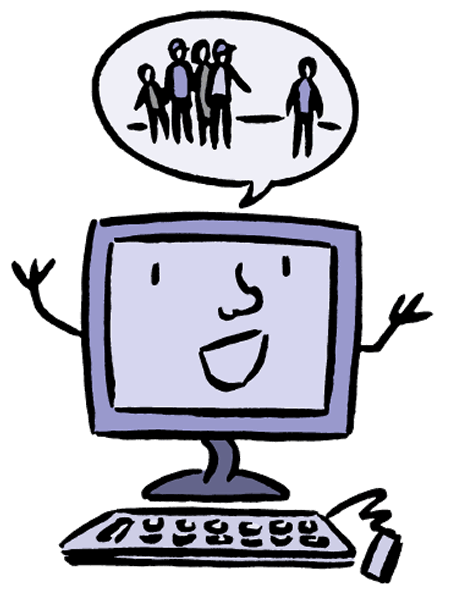 Cartoon of a computer thinking about people