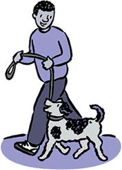 Cartoon of a man walking a dog