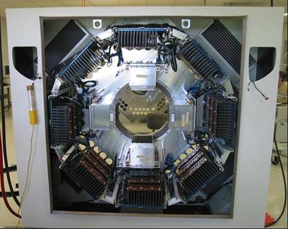 Front view of the ECAT HRRT scanner by CPS Innovations, Knoxville, TN. The topology of the HRRT is an octagon of dual-layer (LSO/LYSO) detector banks, each bank being an array of 9*13 blocks, and each block containing 8*8 crystals of size 2.1*2.1*10-mm each. With 119,808 crystals, the HRRT has 4.5 billion potential lines of response. The HRRT has a 35-cm patient port, making it suitable for human brain studies as well as large animal studies. The massive amount of data generated by the HRRT, coupled with interest in high-resolution, high-sensitivity reconstructions, motivates our present work.