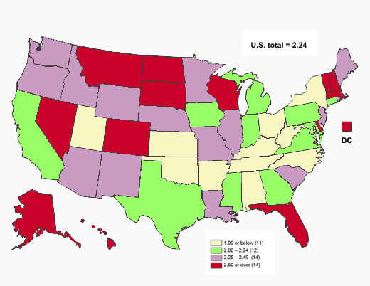 Total per capita consumption in gallons of ethanol by State, United States, 2005.