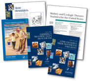 Thumbnails of the fact sheets entitled “Home Hemodialysis” and “Kidney and Urologic Diseases Statistics for the United States” and booklets entitled “Prevent diabetes problems:  Keep your kidneys healthy” and “Choosing a Treatment That’s Right for You” (in English and Spanish).