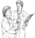 Drawing of a doctor showing a patient an x ray.