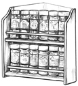 Drawing of a spice rack filled with jars of spices.