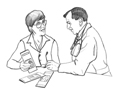 Drawing of a doctor talking with a patient.