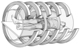 Drawing of a male patient lying in an imaging tunnel. Circular magnets surround the patient.