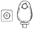 Drawing of a two-piece pouch system for collecting urine through a stoma. The square barrier sticks to the skin and has a hole for the stoma. The pouch attaches to the barrier and has a valve at the bottom for emptying the urine.