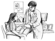Ilustracion de una paciente mujer y una doctora en el consultorio medico.