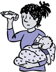 Cartoon of mother holding baby and checking bottom of baby bottle 