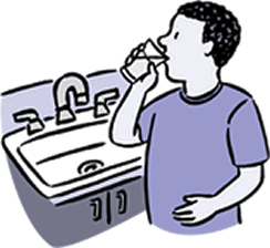Cartoon of man drinking water and holding his stomach