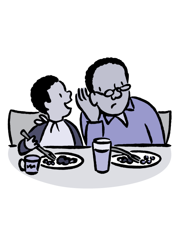 Grandfather straining to hear a child