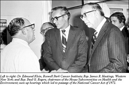 Left to right: Dr. Edmund Klein, Roswell Park Cancer Institute; Rep. James R. Hastings, Western New York; and Rep. Paul G. Rogers, chairman of the House Subcommittee on Health and the Environment; sum up hearings which led to passage of the National Cancer Act of 1971.
