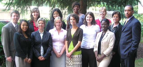 New interns and fellows from the class of 2010 include (front row, from l) Camilla Benedicto, Emily Rugel, Meghan Gleason, Courtney Bell, Christine Salaita, Monique Ndenecho, Debbie Pettitt, Fred James. At rear are (from l) Dr. William Duval, Katie Rush, Maya Thet, Ebony Mitchell, Jennifer Dreier.